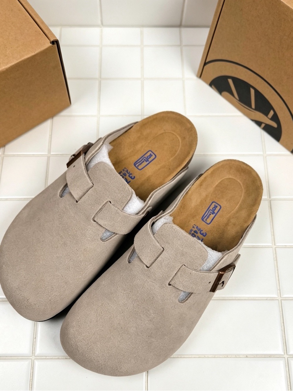 Birkenstock Boston taupe suede mule clogs